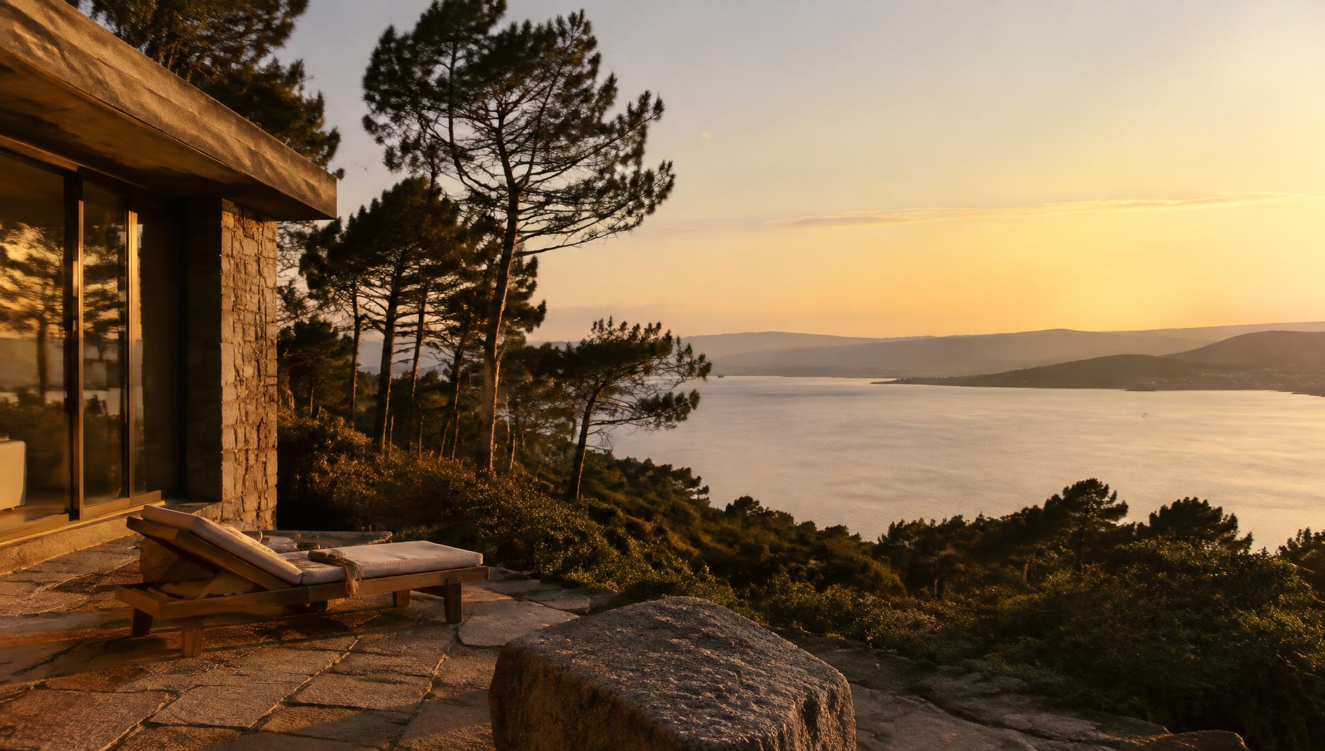 Terraza de piedra frente a la ría al atardecer